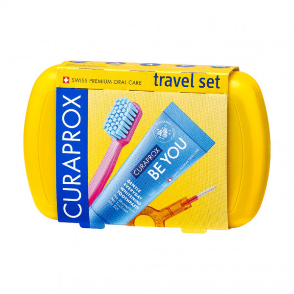 Curaprox Travel Set Yellow (Set Στοματικής Υγιεινής Ταξιδίου με Οδοντόκρεμα 10ml + Οδοντόβουρτσα Πτυσσόμενη + Μεσοδόντιο Βουρτσάκι Καθαρισμού + Κουτί Μεταφοράς Yellow)