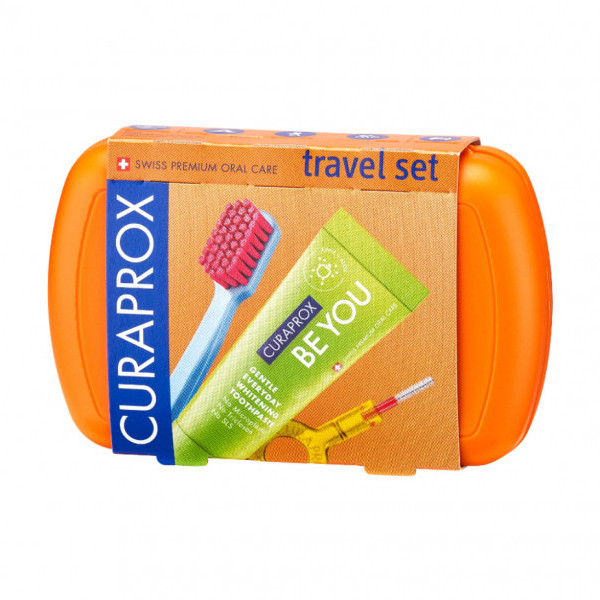 Curaprox Travel Set Orange (Set Στοματικής Υγιεινής Ταξιδίου με Οδοντόκρεμα 10ml + Οδοντόβουρτσα Πτυσσόμενη + Μεσοδόντιο Βουρτσάκι Καθαρισμού + Κουτί Μεταφοράς Orange)