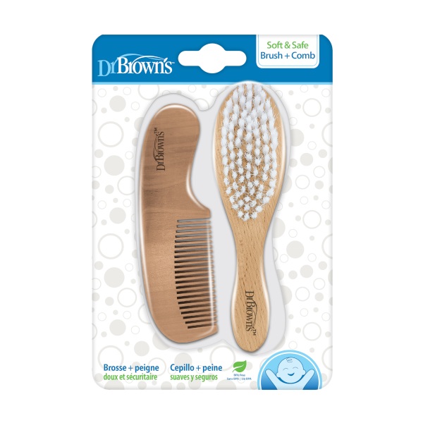Dr Brown's Soft & Safe Bursh + Comb for Babies No.HG086 1set (Ξύλινο Σετ Βούρτσα & Χτένα Μάλλιων για Μωρά)