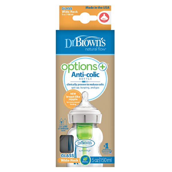 Dr Brown's Natural Flow Options+ Anti-Colic Glass Baby Bottle with Wide-Neck 150ml (Γυάλινο Μπιμπερό κατά των Κολικών με Φαρδύ Λαιμό)