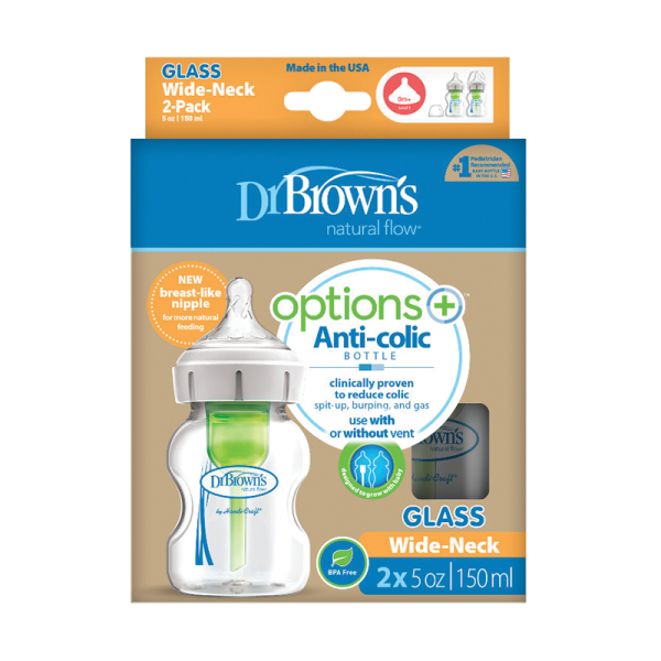 Dr Brown's Natural Flow Options+ Anti-Colic Glass Baby Bottle with Wide-Neck 2x150ml (Γυάλινο Μπιμπερό κατά των Κολικών με Φαρδύ Λαιμό)