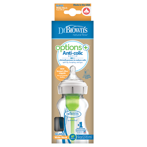 Dr Brown's Natural Flow Options+ Anti-Colic Glass Baby Bottle with Wide-Neck 270ml (Γυάλινο Μπιμπερό κατά των Κολικών με Φαρδύ Λαιμό)