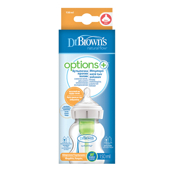 Dr Brown's Natural Flow Options+ Anti-Colic Plastic Baby Bottle WB51600 with Wide-Neck 150ml (Πλαστικό Μπιμπερό κατά των Κολικών με Φαρδύ Λαιμό)