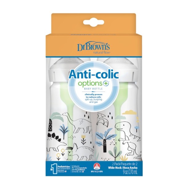 Dr Brown's Natural Flow Options+ Anti-Colic Plastic Baby Bottle WB92026 Dinosaurs with Wide-Neck 2X270ml (Πλαστικό Μπιμπερό κατά των Κολικών με Φαρδύ Λαιμό)
