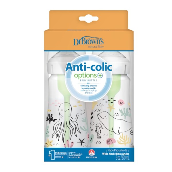 Dr Brown's Natural Flow Options+ Anti-Colic Plastic Baby Bottle WB92028 Ocean with Wide-Neck 2X270ml (Πλαστικό Μπιμπερό κατά των Κολικών με Φαρδύ Λαιμό)