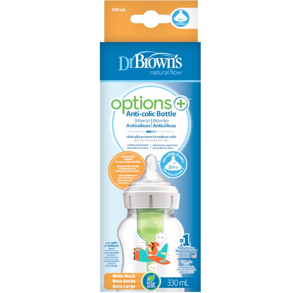 Dr Brown's Natural Flow Options+ Anti-Colic Plastic Baby Bottle WB111001 Squirrel with Wide-Neck 330ml (Πλαστικό Μπιμπερό κατά των Κολικών με Φαρδύ Λαιμό)