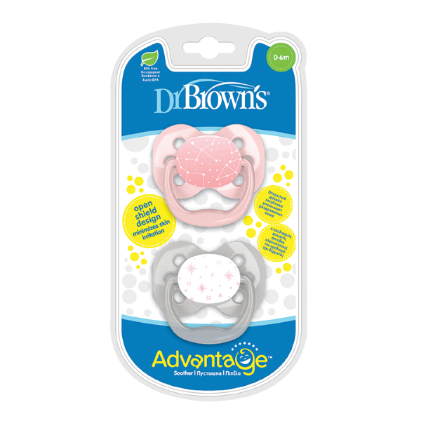 Dr Brown's Advantage Silicone Pacifier Stage 1 0-6m Pink Stars 2pcs