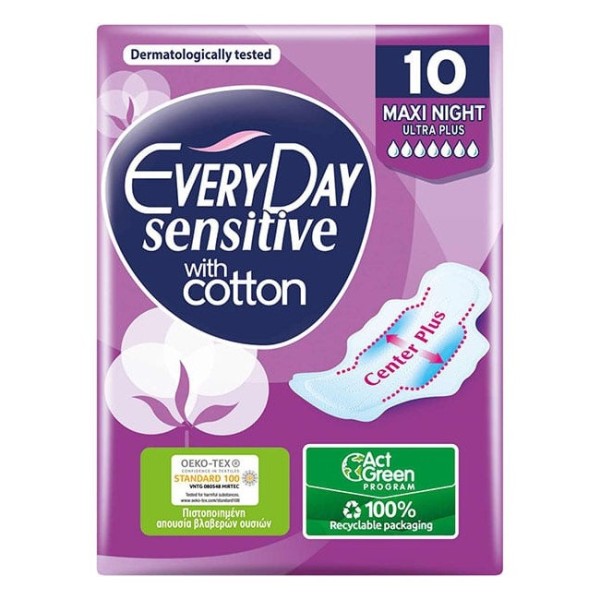 EveryDay Sensitive with Cotton Sanitary Napkins with Wings (Maxi Night Ultra Plus) 10pads (Σερβιέτες με Φτερά Προστασίας)