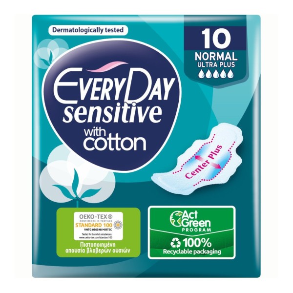 EveryDay Sensitive with Cotton Sanitary Napkins with Wings (Normal Ultra Plus) 10pads (Σερβιέτες με Φτερά Προστασίας)