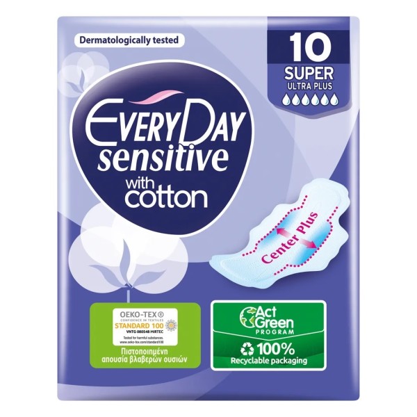 EveryDay Sensitive with Cotton Sanitary Napkins with Wings (Super Ultra Plus) 10pads (Σερβιέτες με Φτερά Προστασίας)