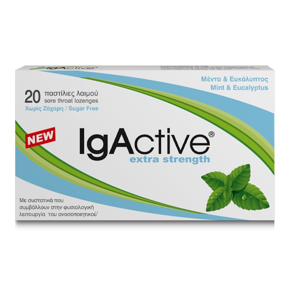 Igactive Sore Throat Lozenges Sugar Free Mint and Eucalyptus 20pcs (Παστίλιες Λαιμού με Γεύση Μέντας-Ευκάλυπτου)