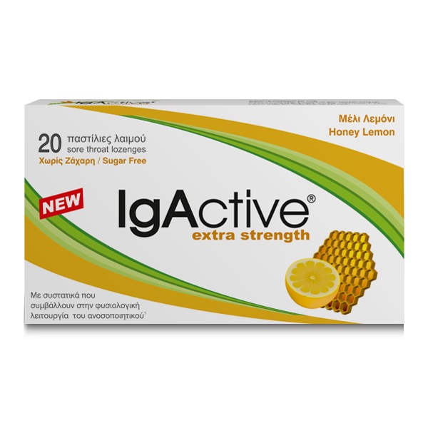 Igactive Sore Throat Lozenges Sugar Free Honey and Lemon 20pcs (Παστίλιες Λαιμού με Γεύση Μέλι-Λεμόνι)