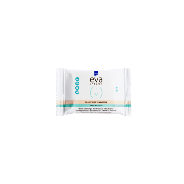 Intermed Eva Intima Daily Wellness Towelettes Pocket Size Individually Packed 10pcs (Μαντηλάκια Καθαρισμού Ευαίσθητης Περιοχής με Αντιμικροβιακή, Αποσμητική & Αντικνησμική Δράση)