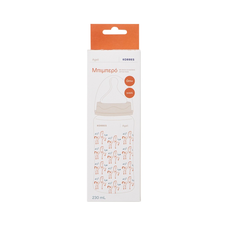 Korres Baby Feeding Bottle Glass Agali with Slow Flow Silicone Teat 0m+ 230ml (Μπιμπερό Γυάλινο με θηλή σιλικόνης)