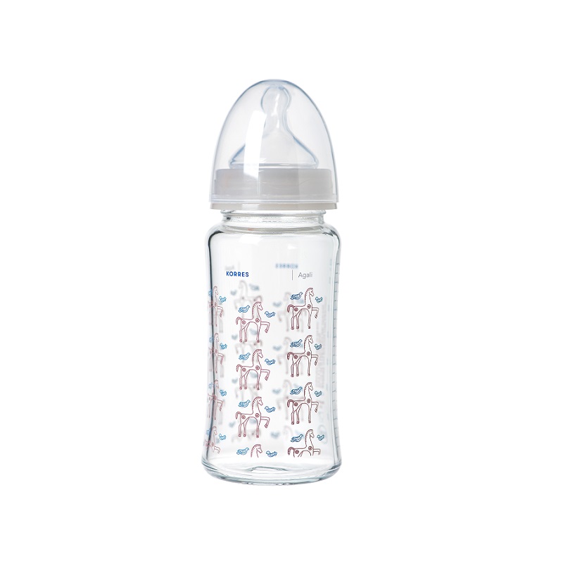 Korres Baby Feeding Bottle Glass Agali with Slow Flow Silicone Teat 0m+ 230ml (Μπιμπερό Γυάλινο με θηλή σιλικόνης)