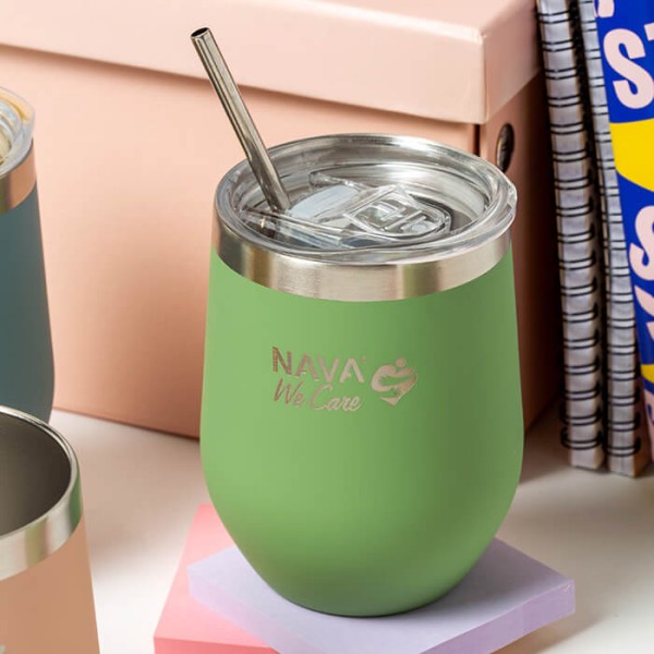 Nava We Care Stainless Steel Insulated Travel Mug with Straw Green 360ml (Θερμός Ποτήρι με Ανοξείδωτο Καλαμάκι)