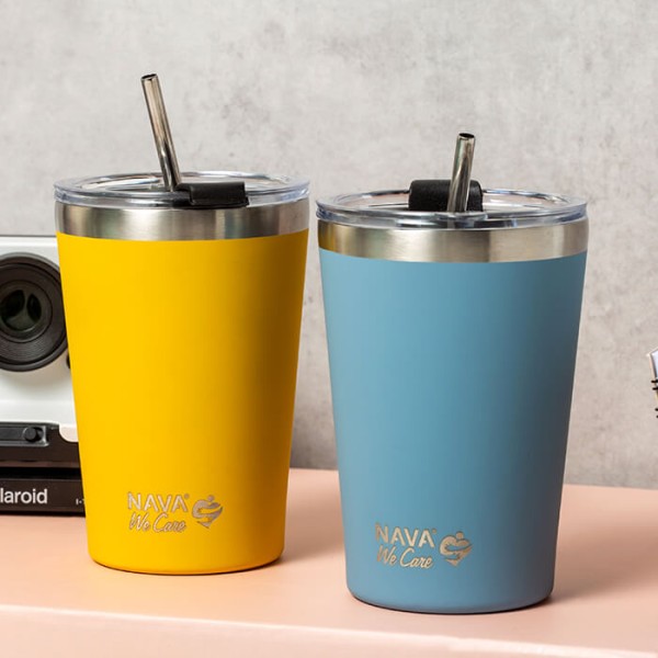 Nava We Care Stainless Steel Insulated Travel Mug with Straw 450ml Blue (Θερμός Ποτήρι με Ανοξείδωτο Καλαμάκι)