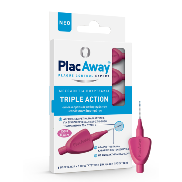 Plac Away Plaque Control Expert Triple Action Μεσοδόντια Βουρτσάκια Φούξια Iso 0 0,4mm (6 Βουρτσάκια + 1 Προστατευτική θήκη/λαβή Προέκτασης)