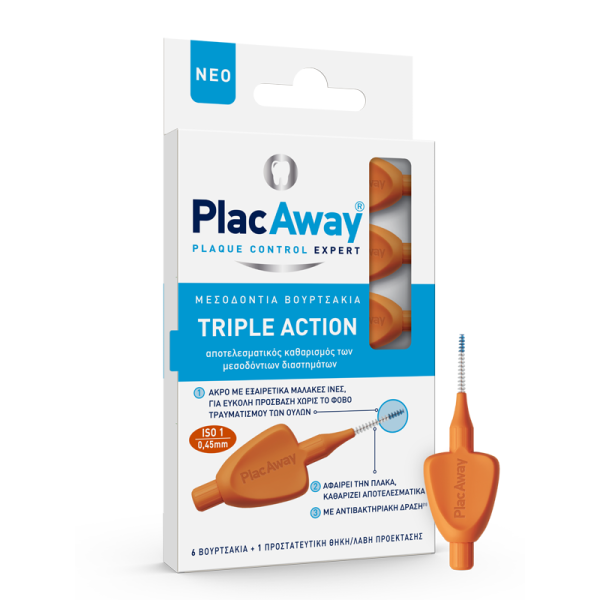 Plac Away Plaque Control Expert Triple Action Μεσοδόντια Βουρτσάκια  Πορτοκαλί Iso 1 0,45mm (6 Βουρτσάκια + 1 Προστατευτική θήκη/λαβή Προέκτασης)