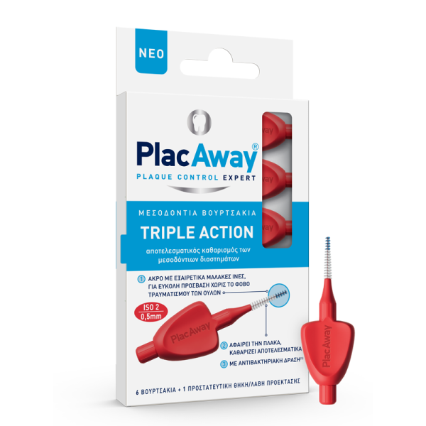 Plac Away Plaque Control Expert Triple Action Μεσοδόντια Βουρτσάκια  Κόκκινα Iso 2 0,5mm (6 Βουρτσάκια + 1 Προστατευτική θήκη/λαβή Προέκτασης)