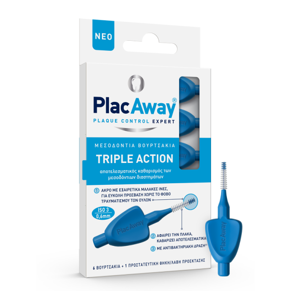 Plac Away Plaque Control Expert Triple Action Μεσοδόντια Βουρτσάκια  Μπλέ Iso 3 0,6mm (6 Βουρτσάκια + 1 Προστατευτική θήκη/λαβή Προέκτασης)