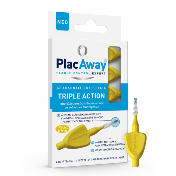 Plac Away Plaque Control Expert Triple Action Μεσοδόντια Βουρτσάκια  Κίτρινα Iso 4 0,7mm (6 Βουρτσάκια + 1 Προστατευτική θήκη/λαβή Προέκτασης)