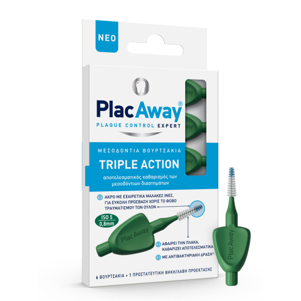 Plac Away Plaque Control Expert Triple Action Μεσοδόντια Βουρτσάκια  Πράσινα Iso 5 0,8mm (6 Βουρτσάκια + 1 Προστατευτική θήκη/λαβή Προέκτασης)