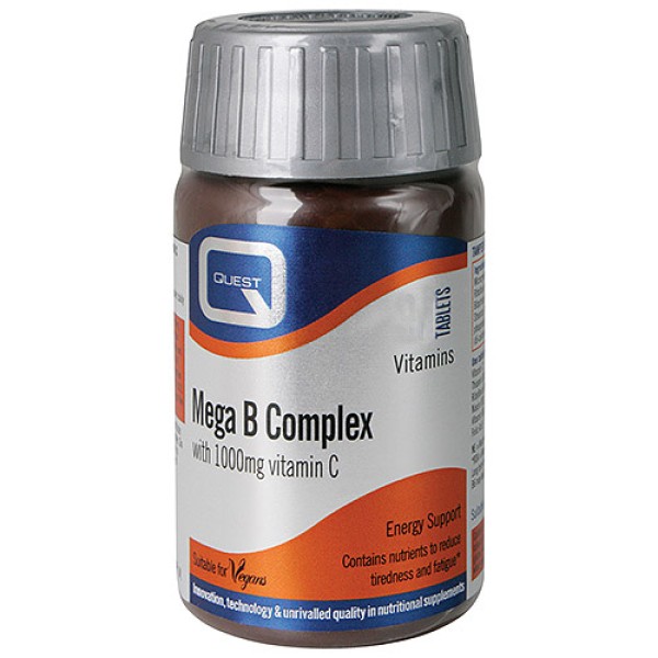 Quest Mega B Complex with 1000mg Vitamin C 60tabs (Συμπλήρωμα Διατροφής με Σύμπλεγμα B & Βιταμίνη C για την Καλή Λειτουργία του Νευρικού Συστήματος & στην Αντιμετώπιση του Άγχους)