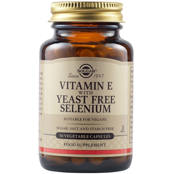 Solgar Vitamin E with Yeast Free Selenium 50 Vegetable Capsules.