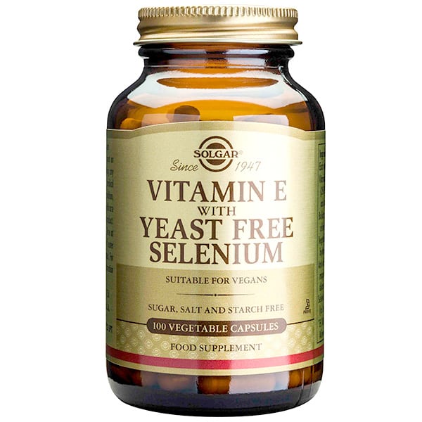 Solgar Vitamin E with Yeast Free Selenium 100 Vegetable Capsules.