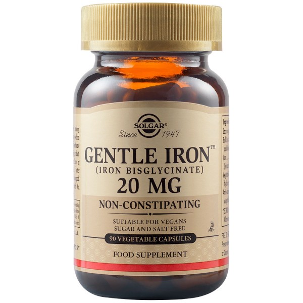 Solgar Gentle Iron (Iron Bisglycinate) 20mg 90 Vegetable Capsules.