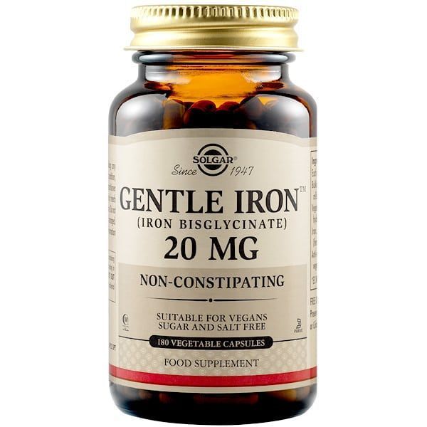 Solgar Gentle Iron (Iron Bisglycinate) 20mg 180 Vegetable Capsules.