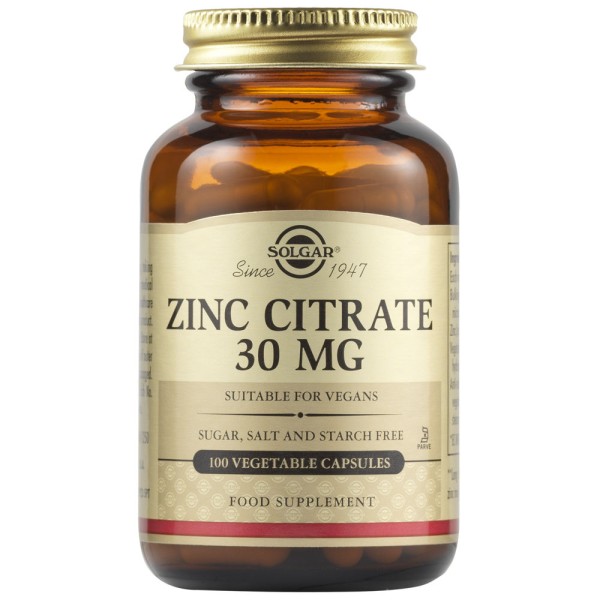 Solgar Zinc Citrate 30mg 100 Vegetable Capsules.