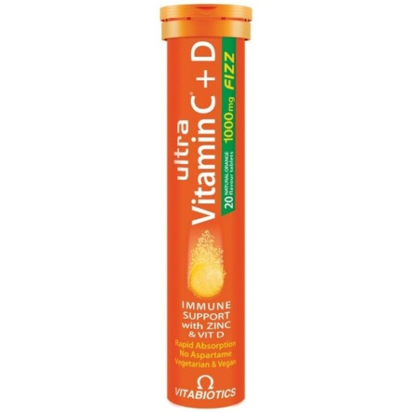 Vitabiotics Ultra Vitamin C 1000mg with Zinc + D Orange Flavour 20 Effervescent Tablets (Συμπλήρωμα Διατροφής με Βιταμίνη C, Ψευδάργυρο, και D με Γεύση Πορτοκάλι)